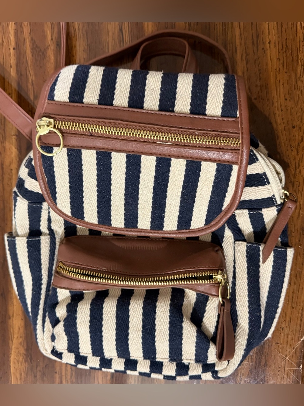 Navy and Cream Striped Canvas Backpack with Brown Trim